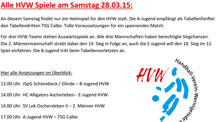 HVW Spielansetzungen vom Samstag 28.03.15